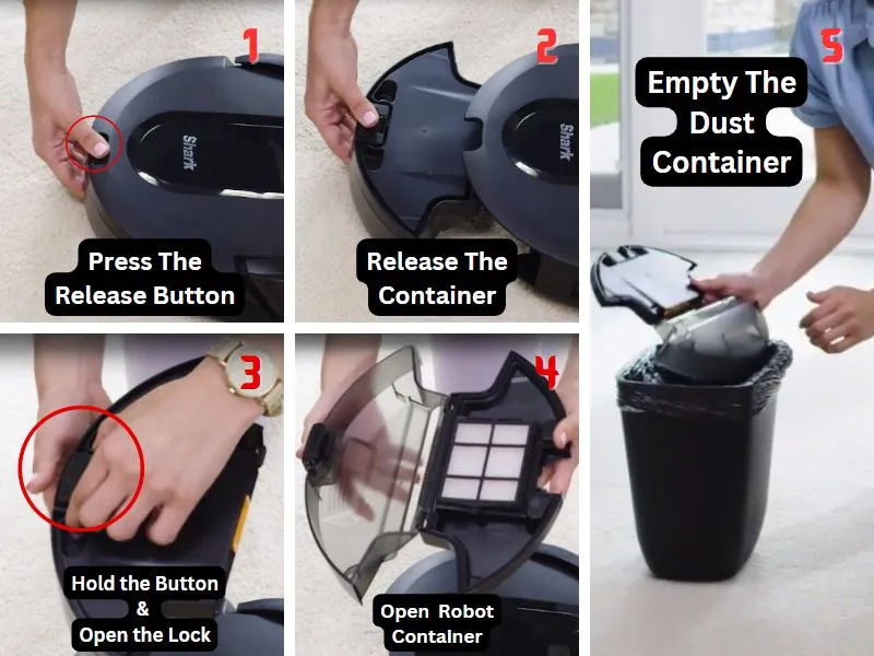 Showing the steps of how to Empty The Robot Dust Container