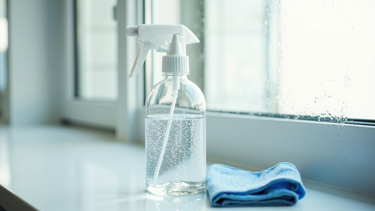 Spray bottle of ammonia-based window cleaner on a clean glass surface with microfiber cloth, showing streak-free cleaning results