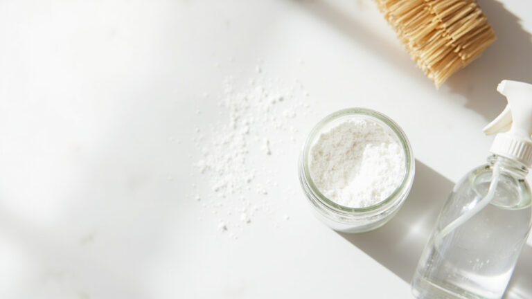 Baking soda cleaning kit on white countertop with jar of sodium bicarbonate and cleaning brush
