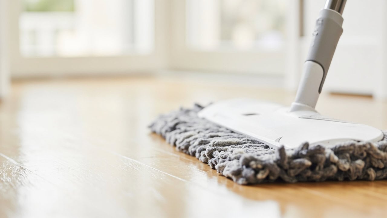 Premium microfiber flat mop head on polished hardwood floor with visible fiber texture
