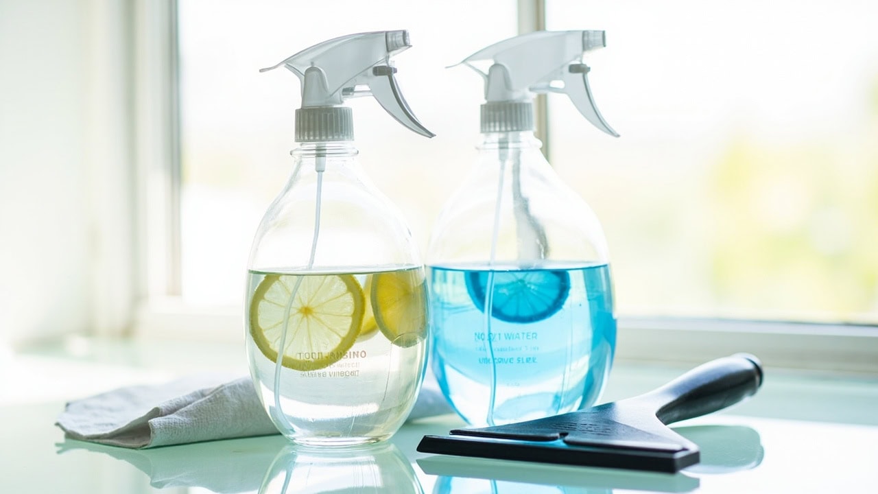"DIY vinegar solution and commercial window cleaner with squeegee on glass surface"