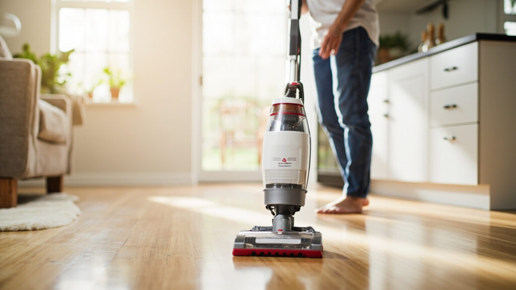Bissell upright vacuum cleaner on hardwood floor with brush roll visible for troubleshooting