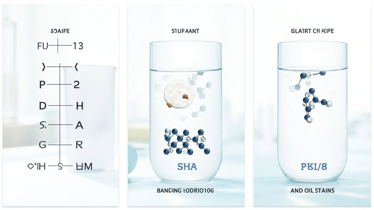 "Scientific diagram showing pH scale of household cleaners with surfactant micelles and solvent molecules dissolving dirt"