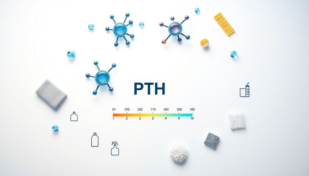 Cleaning glossary hub featuring surfactant molecules, pH scale, and cleaning tools arranged in hub-spoke diagram
