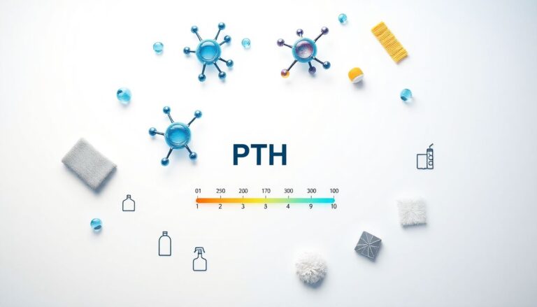 Cleaning glossary hub featuring surfactant molecules, pH scale, and cleaning tools arranged in hub-spoke diagram