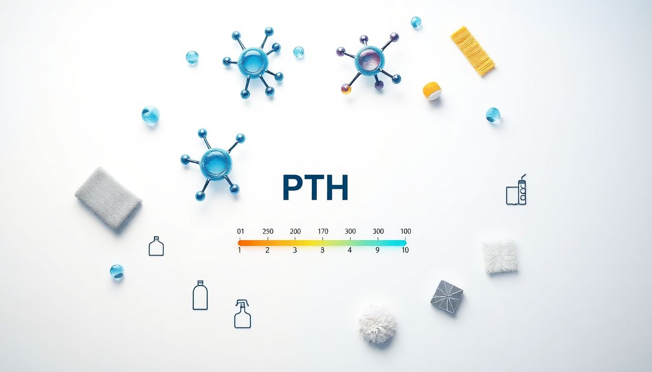 Cleaning glossary hub featuring surfactant molecules, pH scale, and cleaning tools arranged in hub-spoke diagram