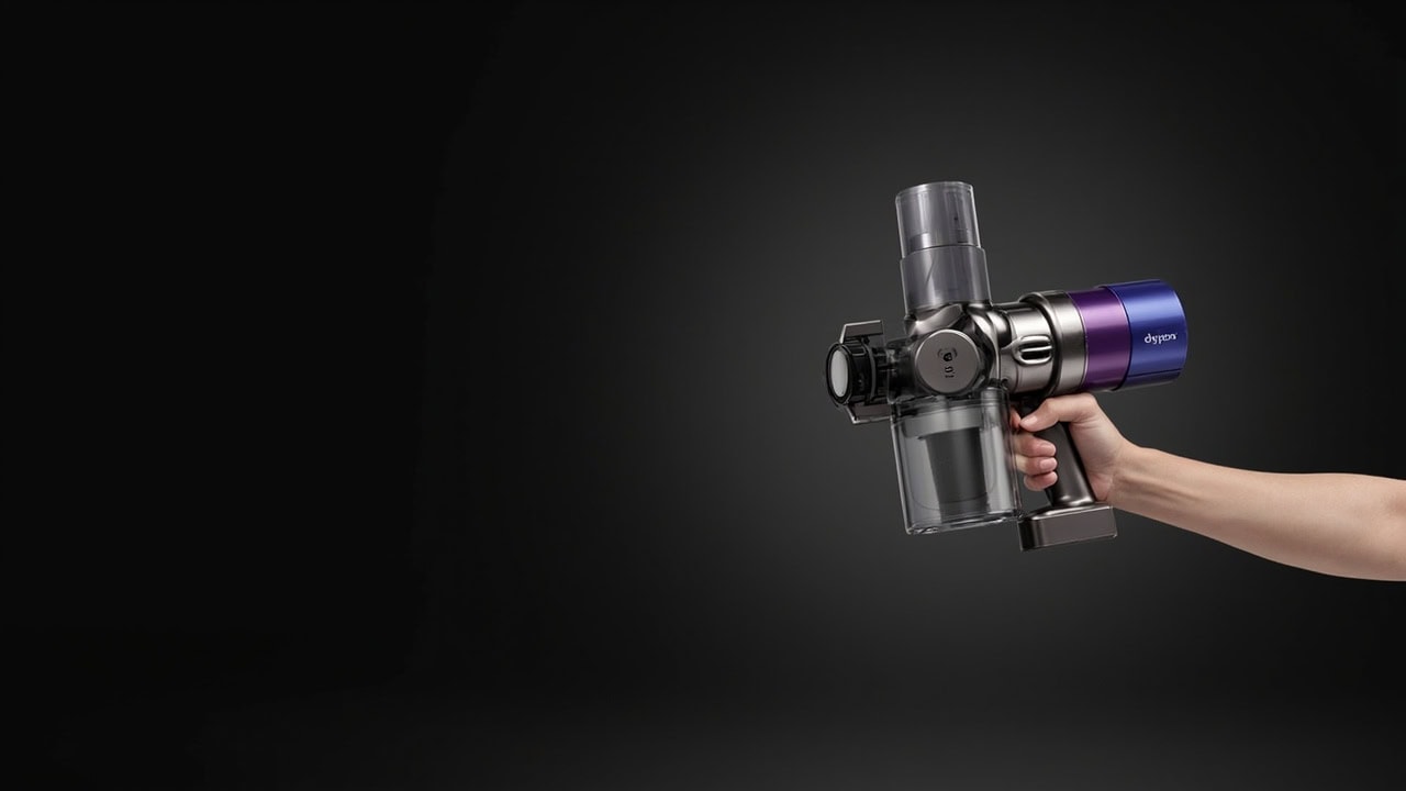 Dyson V11 cordless vacuum with visible LED display and cyclonic chamber open for troubleshooting inspection