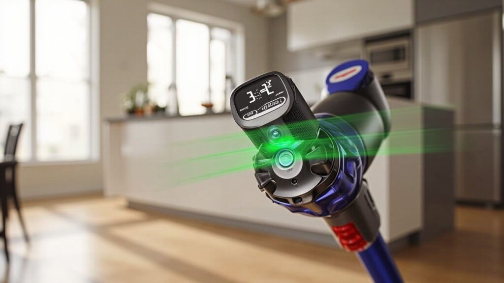 Dyson V15 Detect vacuum cleaner with laser dust detection head showing green laser array on clean hardwood floor