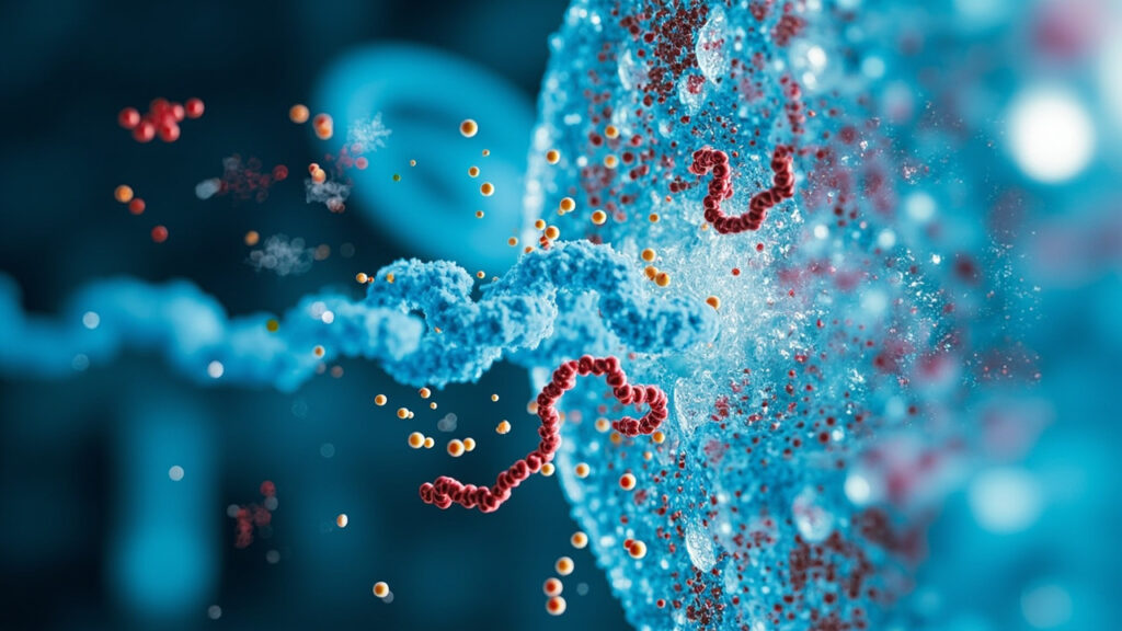 "Microscopic view of enzymatic cleaner molecules breaking down protein bonds in an organic stain"
