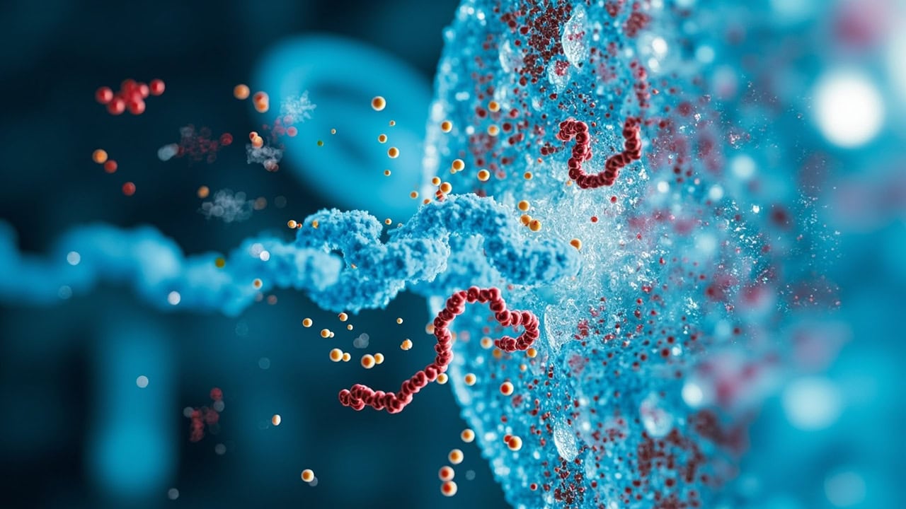"Microscopic view of enzymatic cleaner molecules breaking down protein bonds in an organic stain"