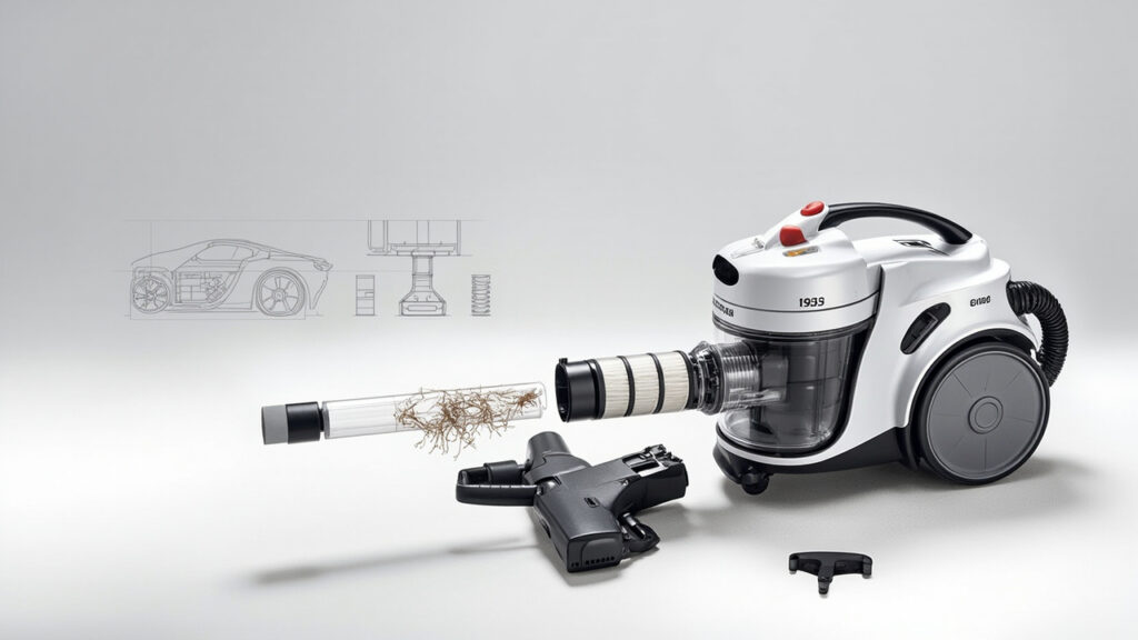 Eureka vacuum cleaner with exposed filter and brush roll components for troubleshooting demonstration