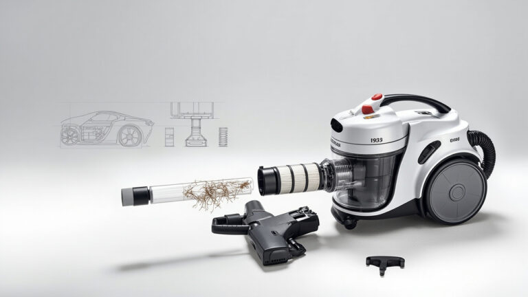 Eureka vacuum cleaner with exposed filter and brush roll components for troubleshooting demonstration