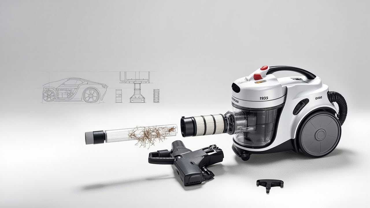 Eureka vacuum cleaner with exposed filter and brush roll components for troubleshooting demonstration
