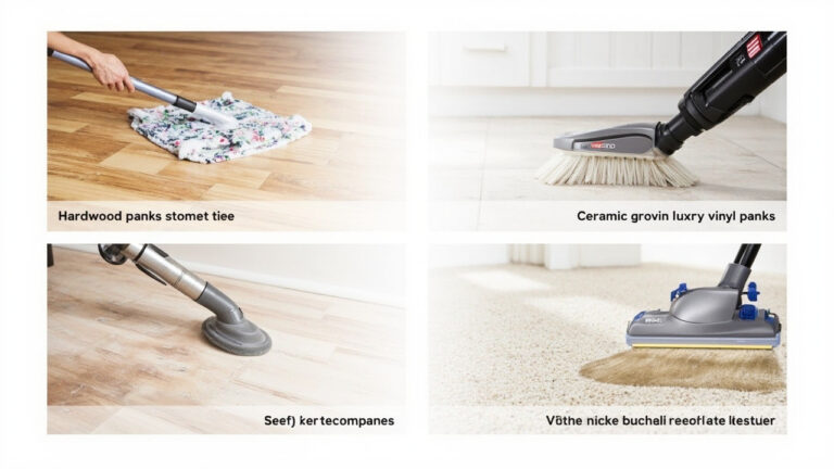 "Four floor types being cleaned with appropriate methods: hardwood with microfiber mop, tile with grout brush, vinyl with spray-wipe, carpet with steam cleaner"