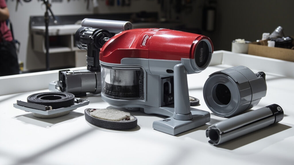"Hoover vacuum internal components laid out for troubleshooting and repair"