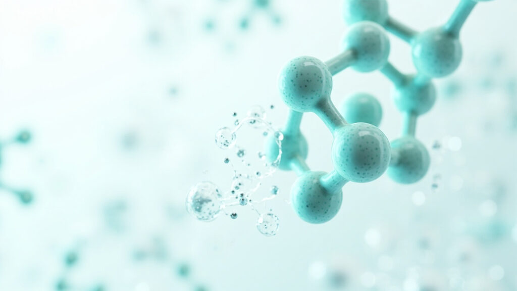 Hydrogen peroxide molecule decomposing into water and oxygen radicals showing the science of oxygen bleach
