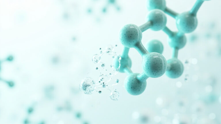 Hydrogen peroxide molecule decomposing into water and oxygen radicals showing the science of oxygen bleach