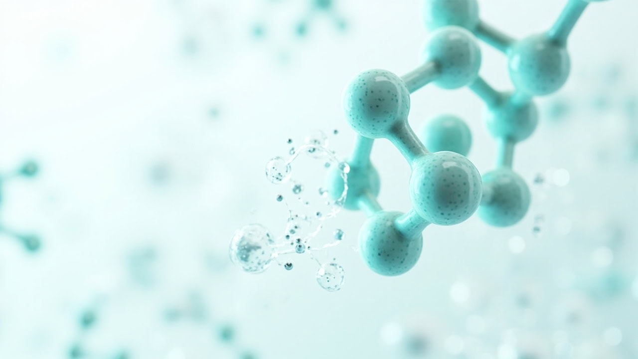 Hydrogen peroxide molecule decomposing into water and oxygen radicals showing the science of oxygen bleach