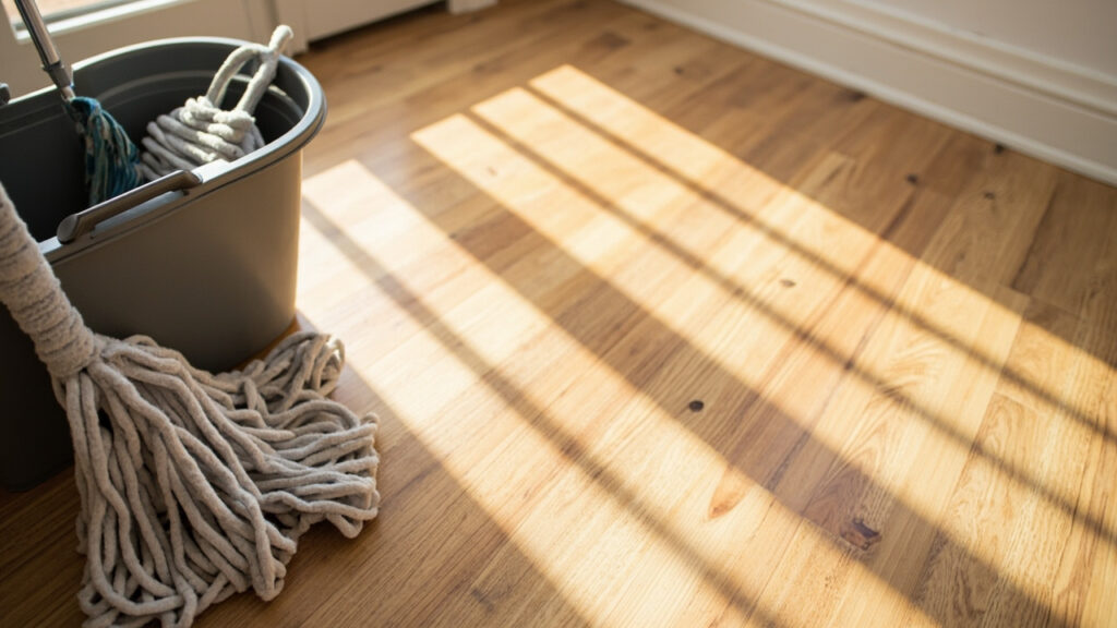 "Microfiber mop and bucket beside a clean oak hardwood floor in a sunlit room"