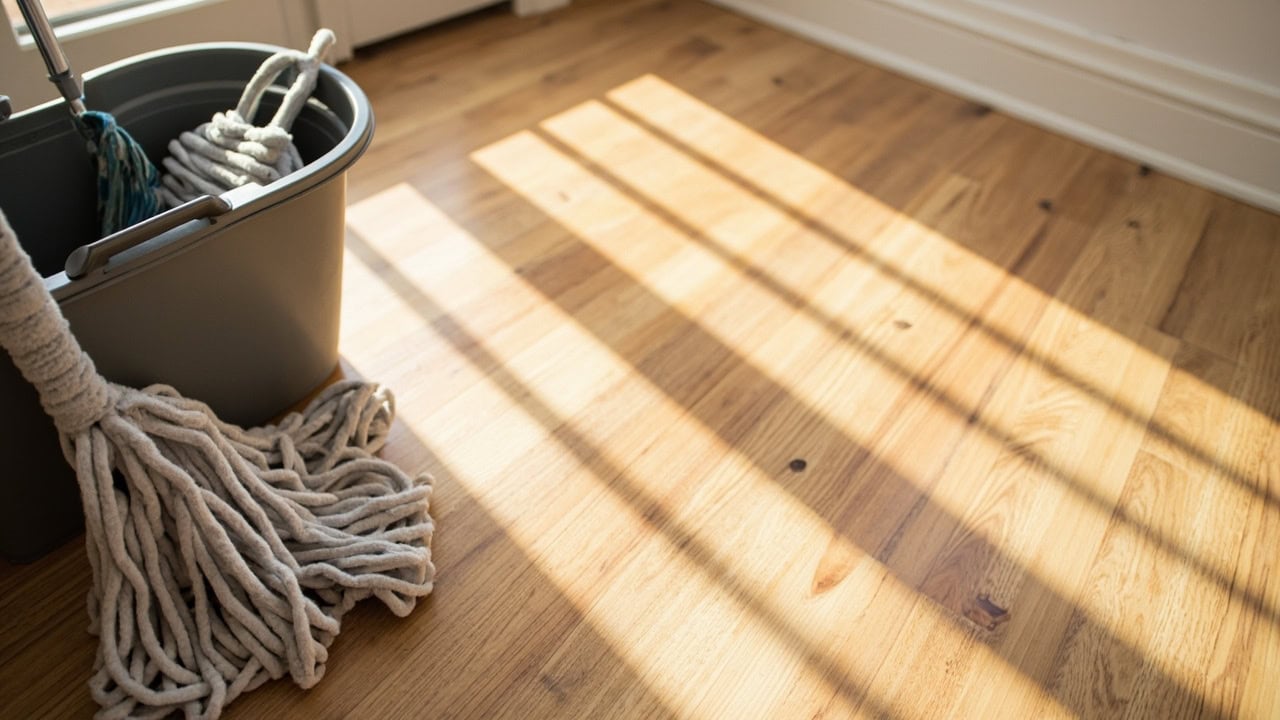 "Microfiber mop and bucket beside a clean oak hardwood floor in a sunlit room"