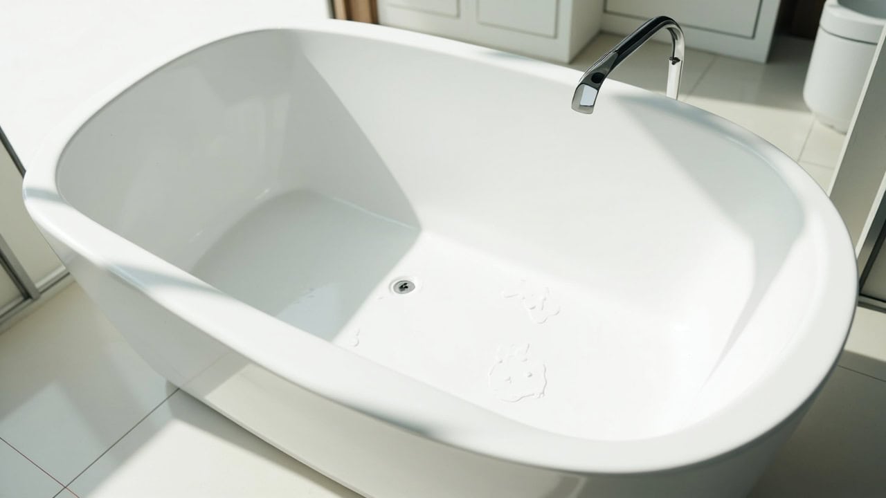 "Clean white porcelain bathtub with water droplets after thorough cleaning, showing gleaming surface ready for use"
