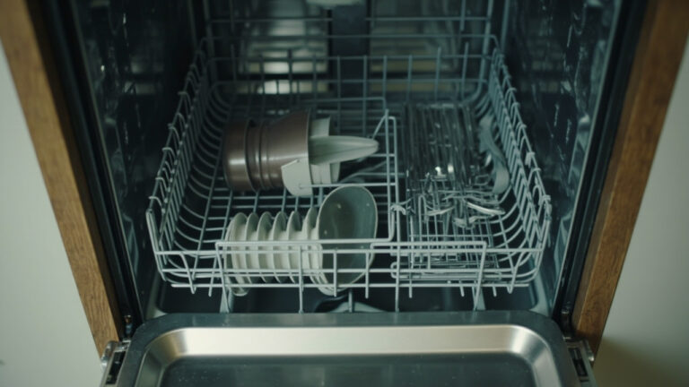"Stainless steel dishwasher interior showing spray arm and wire racks requiring cleaning"