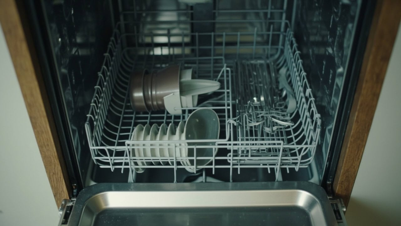 "Stainless steel dishwasher interior showing spray arm and wire racks requiring cleaning"
