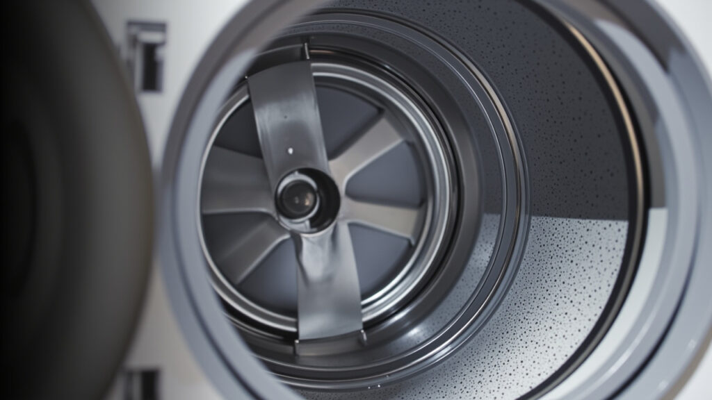 "Clean dryer drum interior with visible lint filter and stainless steel walls"
