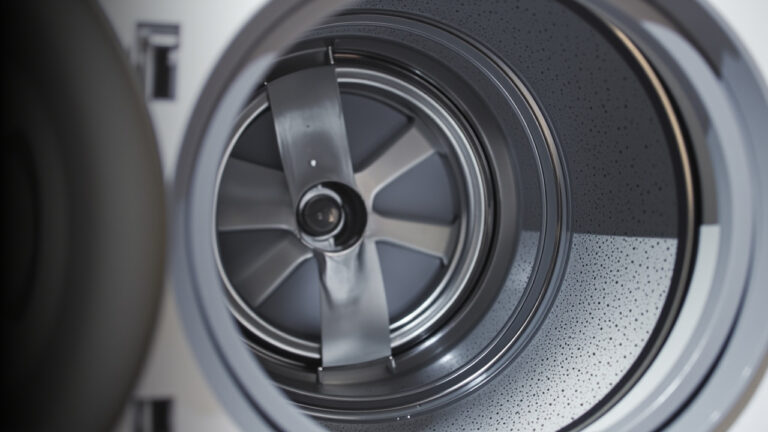 "Clean dryer drum interior with visible lint filter and stainless steel walls"