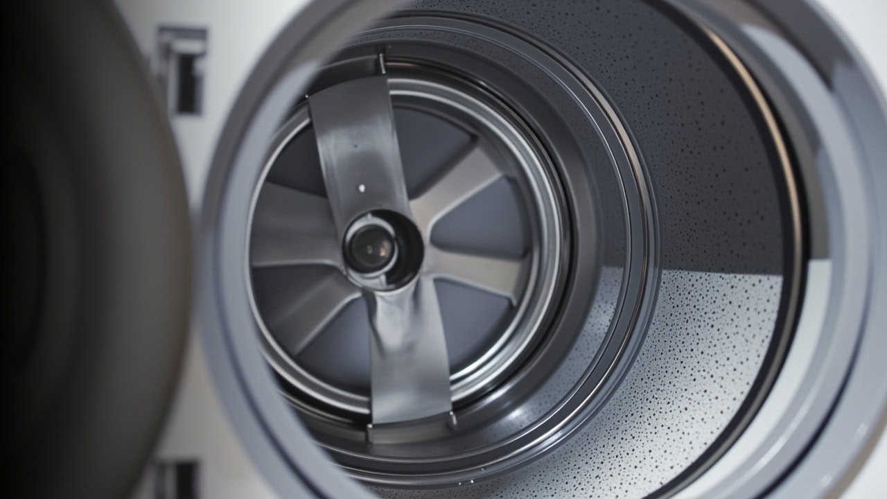 "Clean dryer drum interior with visible lint filter and stainless steel walls"