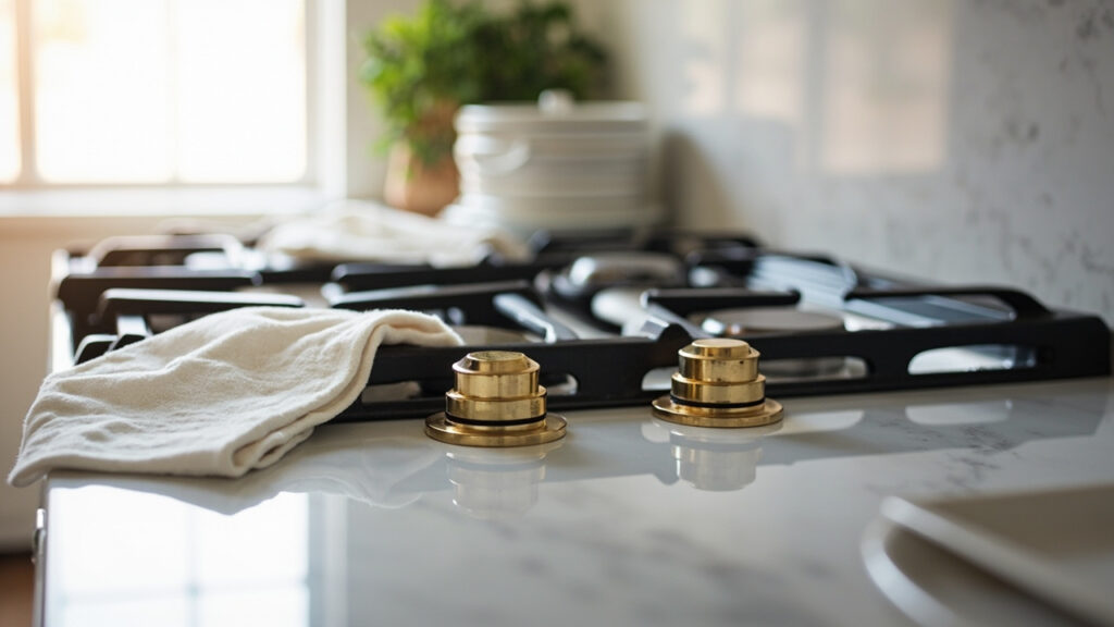 Clean gas stovetop with removed burner grates and caps arranged beside it