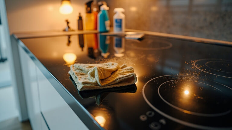 Glass ceramic cooktop being cleaned with microfiber cloth and pH-neutral cleaner in modern kitchen