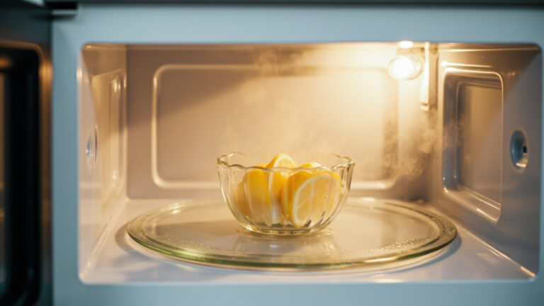 Clean microwave interior with glass turntable and no food residue, recently cleaned using steam method