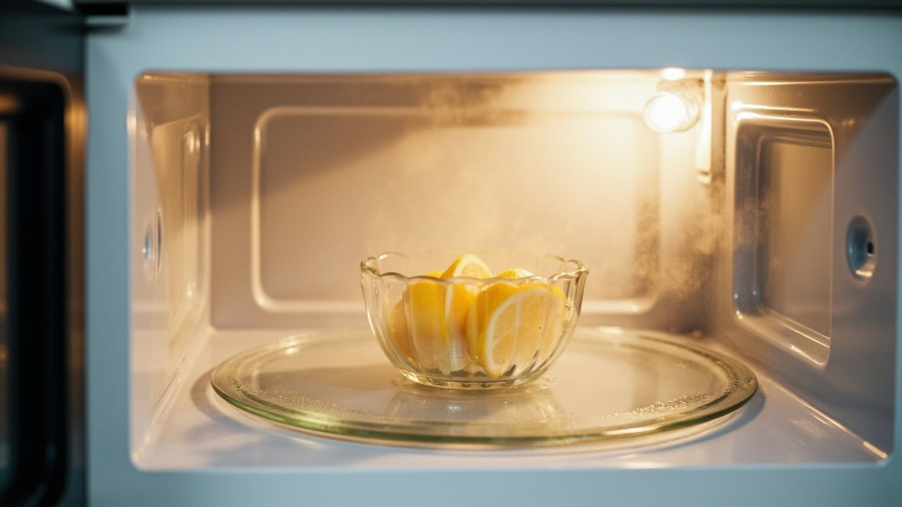 Clean microwave interior with glass turntable and no food residue, recently cleaned using steam method