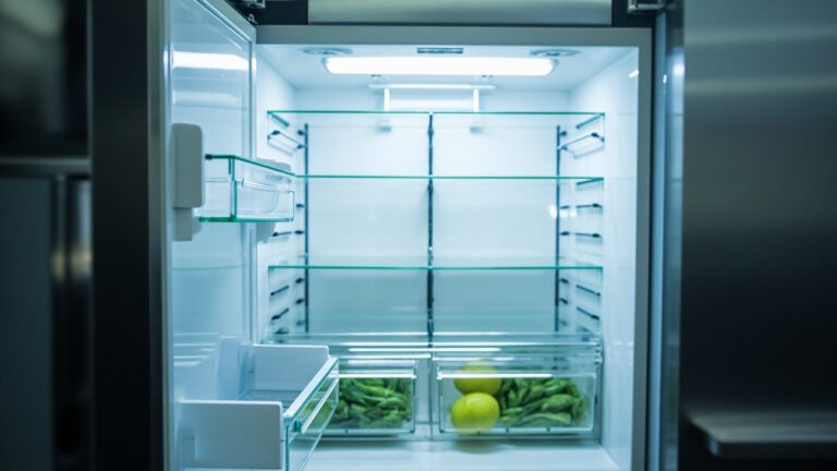 "Clean organized refrigerator interior with glass shelves and fresh produce"