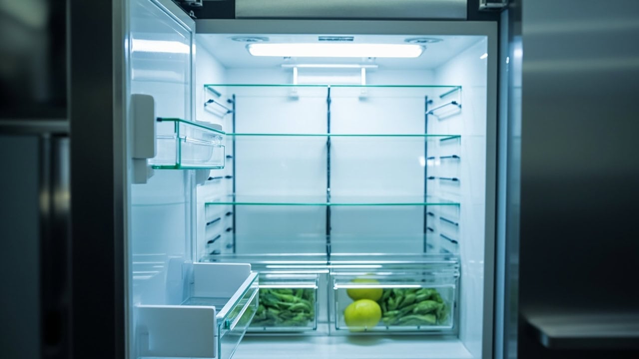 "Clean organized refrigerator interior with glass shelves and fresh produce"