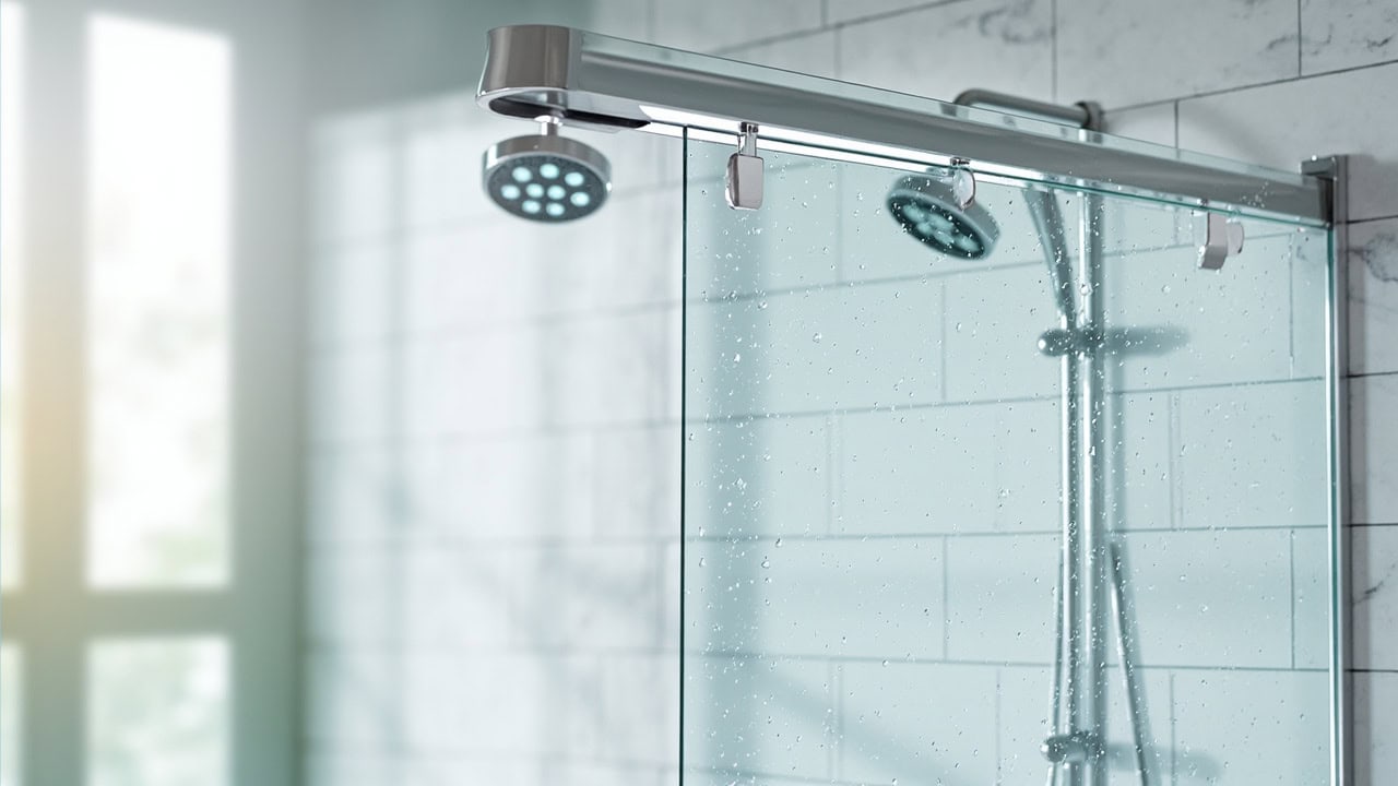 "Clean glass shower door with chrome fixtures and water droplets showing a pristine tile interior"