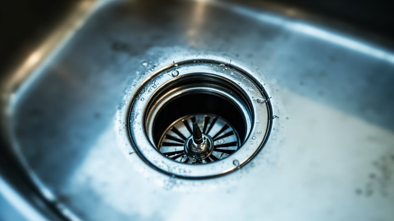 "Chrome kitchen sink drain with water droplets, showing a clean and fresh drain opening"