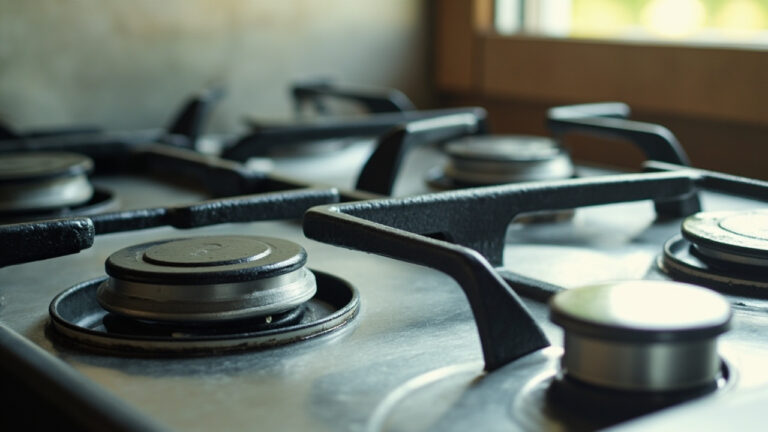 Clean gas stove top with removable grates and polished burner caps after proper cleaning