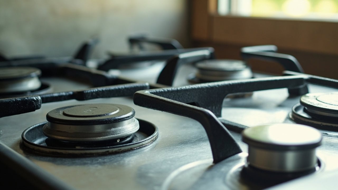 Clean gas stove top with removable grates and polished burner caps after proper cleaning