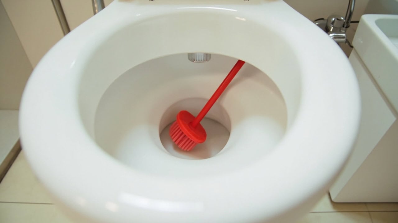 Sparkling clean white toilet bowl with red brush, modern bathroom setting