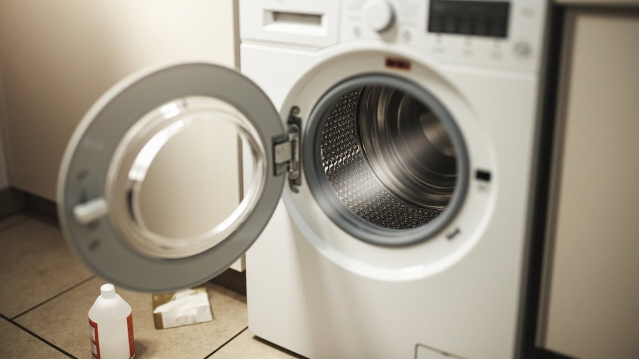 "Clean stainless steel washing machine drum with white vinegar and baking soda for monthly maintenance"