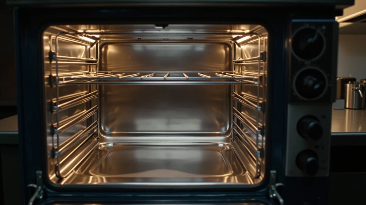Clean oven interior with stainless steel racks and enamel walls after deep cleaning
