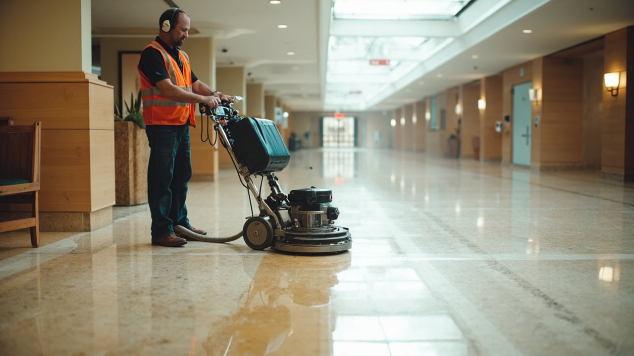 Floor technician burnishing VCT floor to restore high-gloss finish after screen cleaning