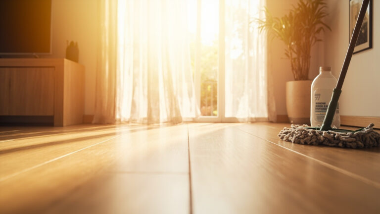 Clean bamboo hardwood floor in modern living room with microfiber mop and pH-neutral cleaner