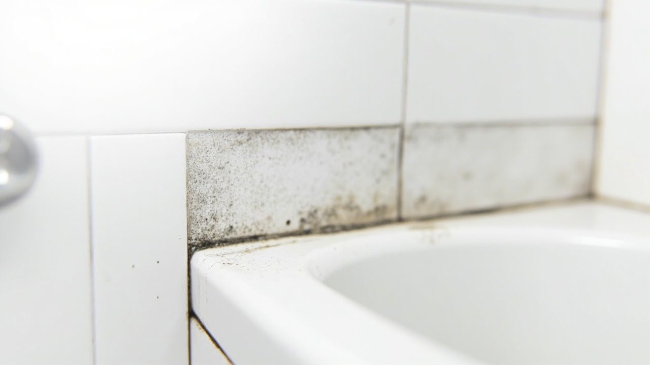 "White bathtub caulk with black mold and mildew growing along the seam with tile wall"