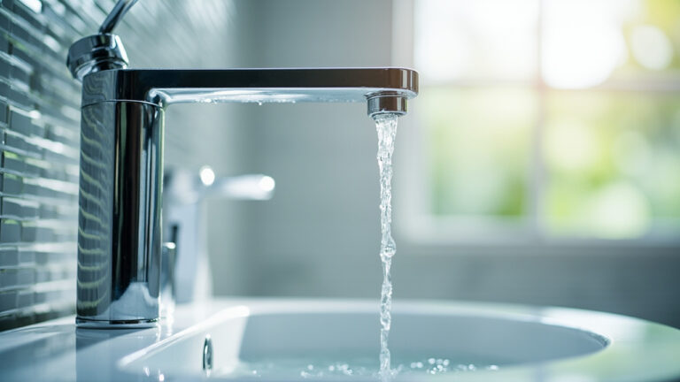 Chrome bathroom faucet being cleaned with microfiber cloth, water droplets glistening on polished surface