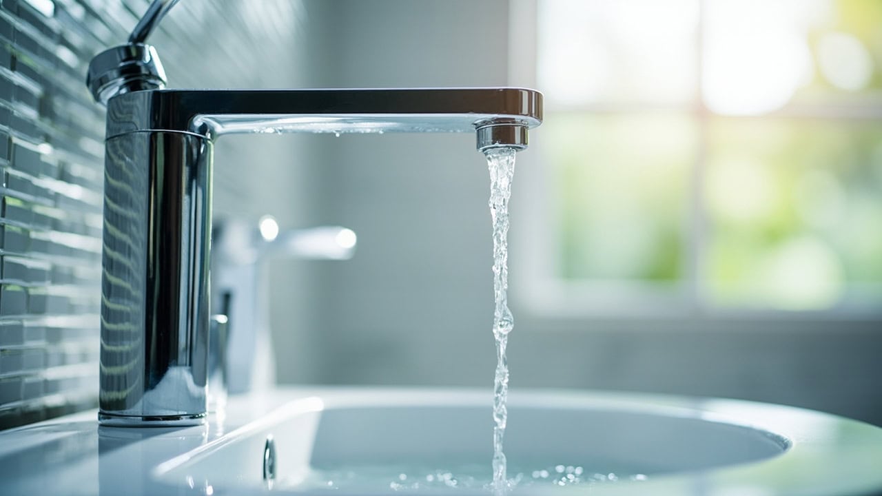 Chrome bathroom faucet being cleaned with microfiber cloth, water droplets glistening on polished surface