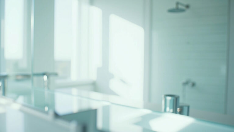 Streak-free bathroom mirror cleaned with pH-neutral cleaner and microfiber cloth in bright bathroom setting