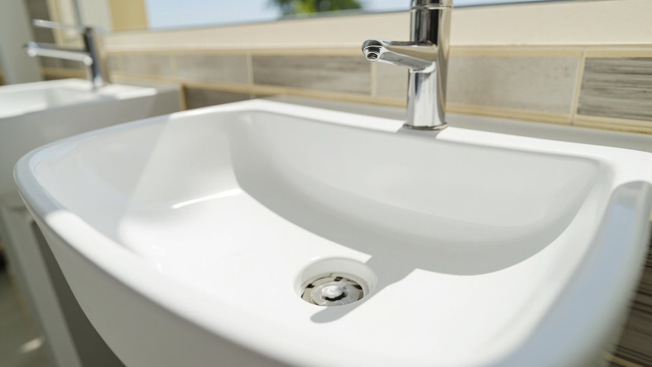 Clean white porcelain bathroom sink with chrome faucet in modern bathroom setting